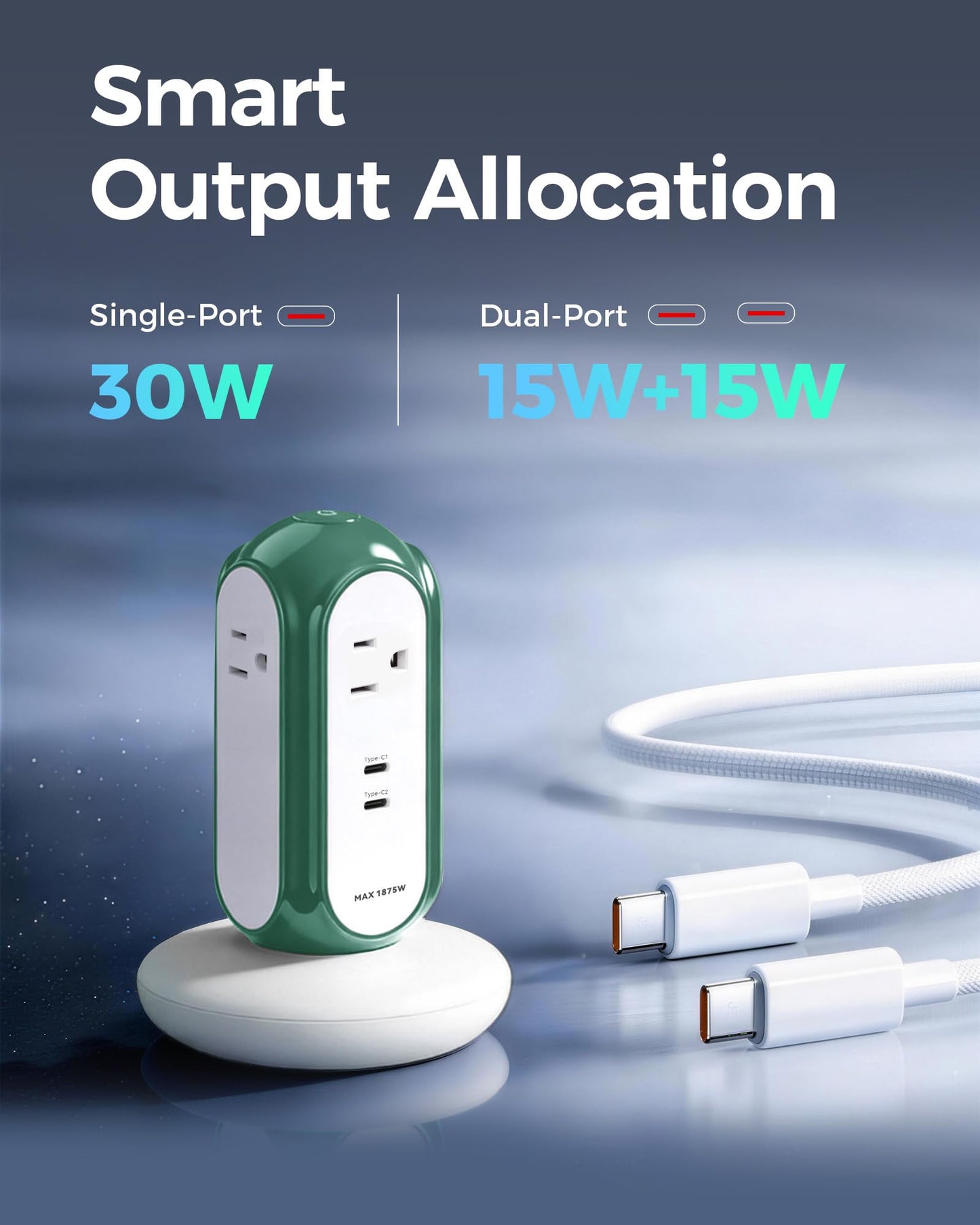 MiaoLab Power Strip Tower with 2 USB-C Ports (30W Fast Charing), 1420J Surge Protector, 4 AC Outlets, 6.6FT Extension Cord with Overload Protection, 1875W/15A Charging Station for Home Office Desk
