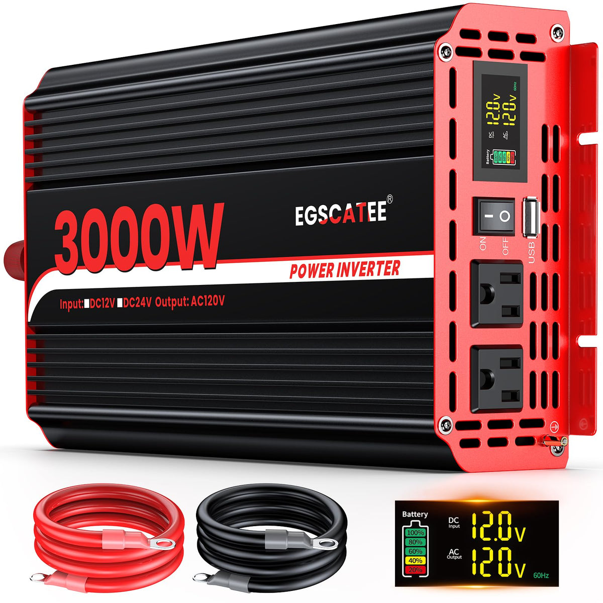3000 Watts Power Inverter 12V DC to 110V/120V AC Converter Peak Power 6000W Car Inverter with LCD Display, 2 AC Outlets, 3.1A USB Port for RV, Camping,Truck, Boat, Off-Grid Solar System