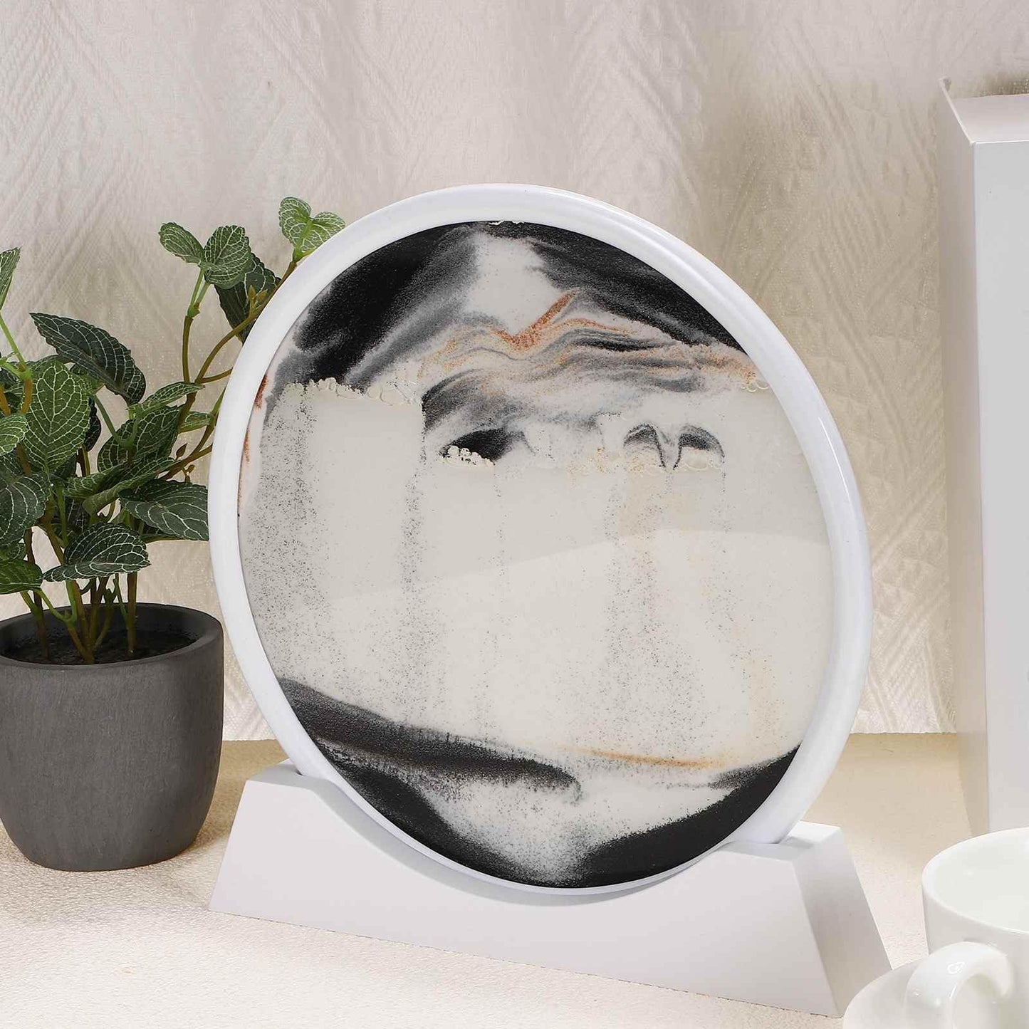 HEARTOOL Moving Sand Art Picture 12" Round Tempered Glass 3D Liquid Motion Deep Sea Flowing Sand Scene with Display Frame Perfect for Desktop & Office & Work Decoration (Black)