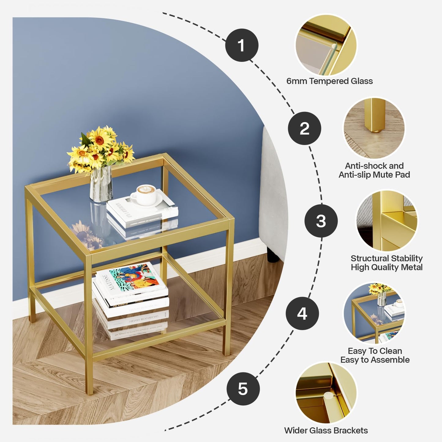 2 Tier Square End Table Side Table with Tempered Glass Top and Gold Metal Frame Modern Night Stand for Small Spaces Side Table with Storage for Living Room Bedroom