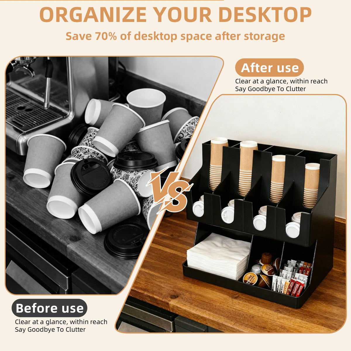 WELKOR Commercial Cup and Lid Holder with Straw Organizer,Disposable Coffee Cup Condiment Dispenser for Countertop Org, Coffee Bar, Beverage Cup, Kitchen, Breakroom (11 Compartment Upright)