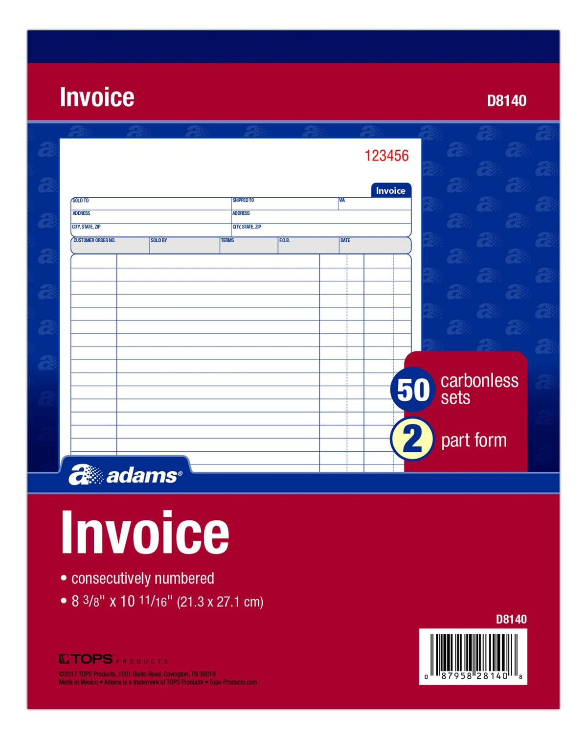 Adams Invoice Book, 8-3/8 x 10-11/16 Inches, 2-Part, Carbonless, White/Canary, 50 Sets per Book (D8140)