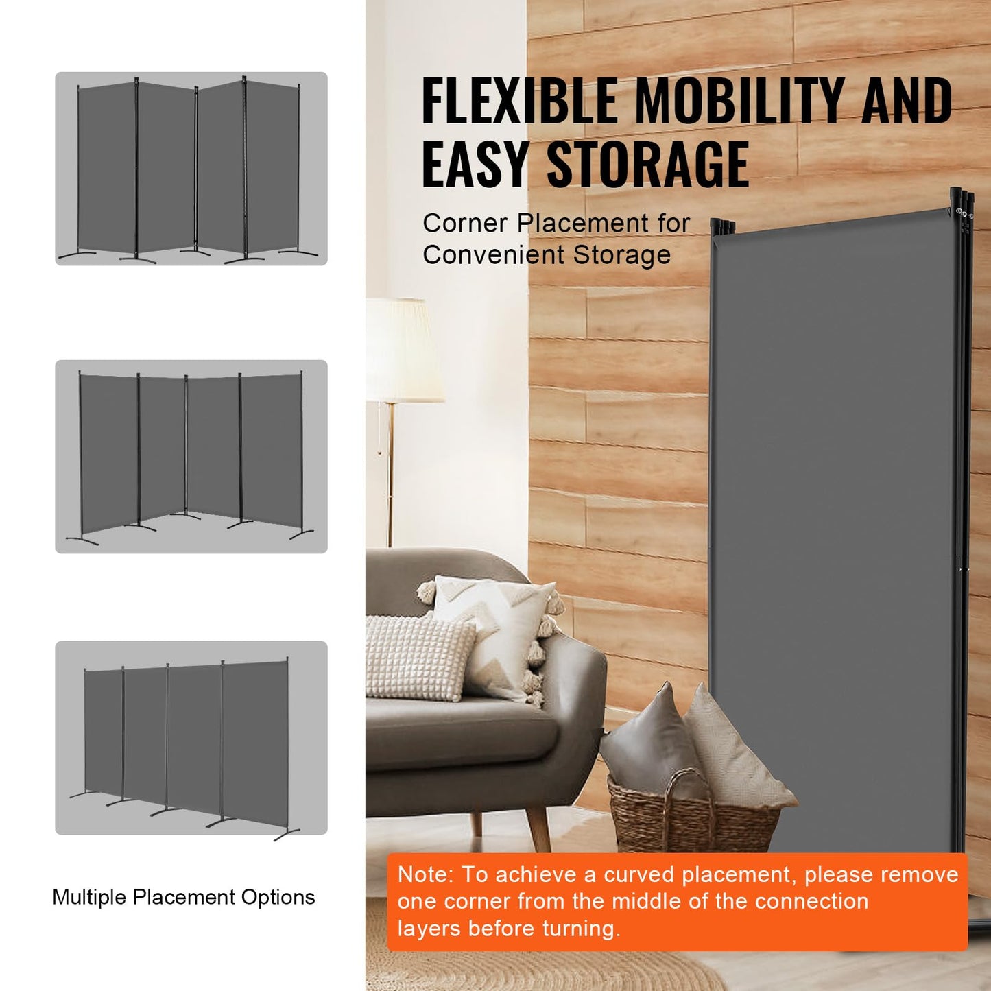 VEVOR Room Divider, 4 Panel Room Divider, 136" W Folding Privacy Screen and Portable Partition Divider for Room Separation, Freestanding Room Partitions for Office, Bedroom, Study, Grey