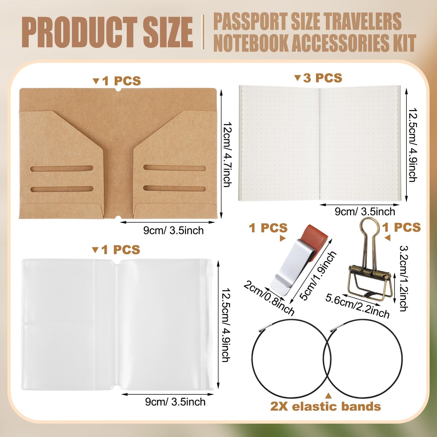 Thenshop Travelers Notebook Accessories Kit Include Dotted Passport Size Travelers Notebook Inserts, Travel Kraft File Folder, Zipper Case, Pen Holder, Binder Clip and Elastic Bands
