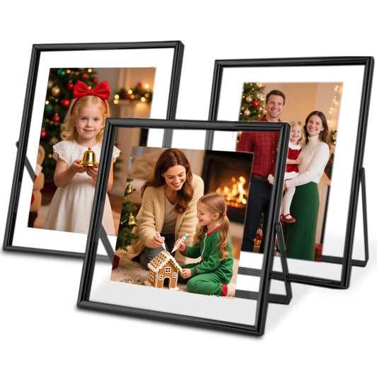 CROXXID Black Floating Picture Frames - Set of 3, for Photo Size 4×4, 4×6, 5×7, Vertical Tabletop Display, Double Glass Metal Frame for Wedding, Home or Office Desk Decoration (Black)
