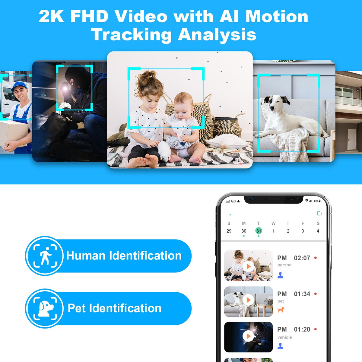 Cloarks 2K Pan/Tilt Security Camera, WiFi Indoor Cameras for Home Security with AI Motion Detection, Pet/Dog/Baby Camera with Phone App, 2-Way Audio, 24/7, Siren, TF/Cloud Storage