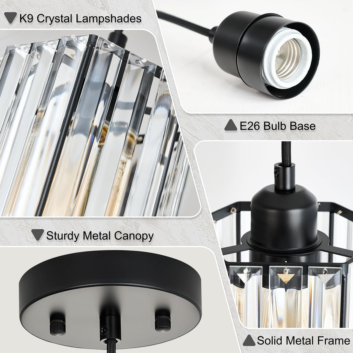 JIMKIGTO 1 Pack K9 Crystal Pendant Lighting, 1-Light Modern Pendant Island Lights, Adjustable Hanging Black Pendant Light Fixture Over Island Lights for Kitchen Dining Room Bedroom Bathroom Over Sink