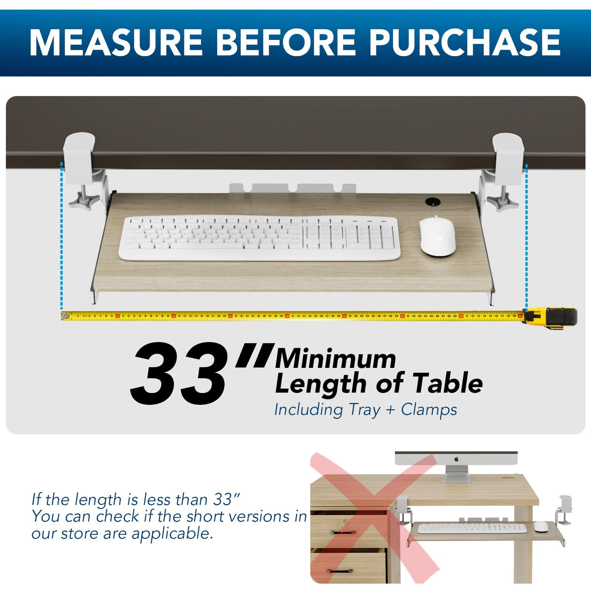 AX WABER Keyboard Tray Under Desk Pull Out with Extra Sturdy C Clamp Mount System, 27.3 (32.5 inch Including Clamps) x 11 Inch Slide-Out Platform Computer Drawer for Typing Grain AX01WG01