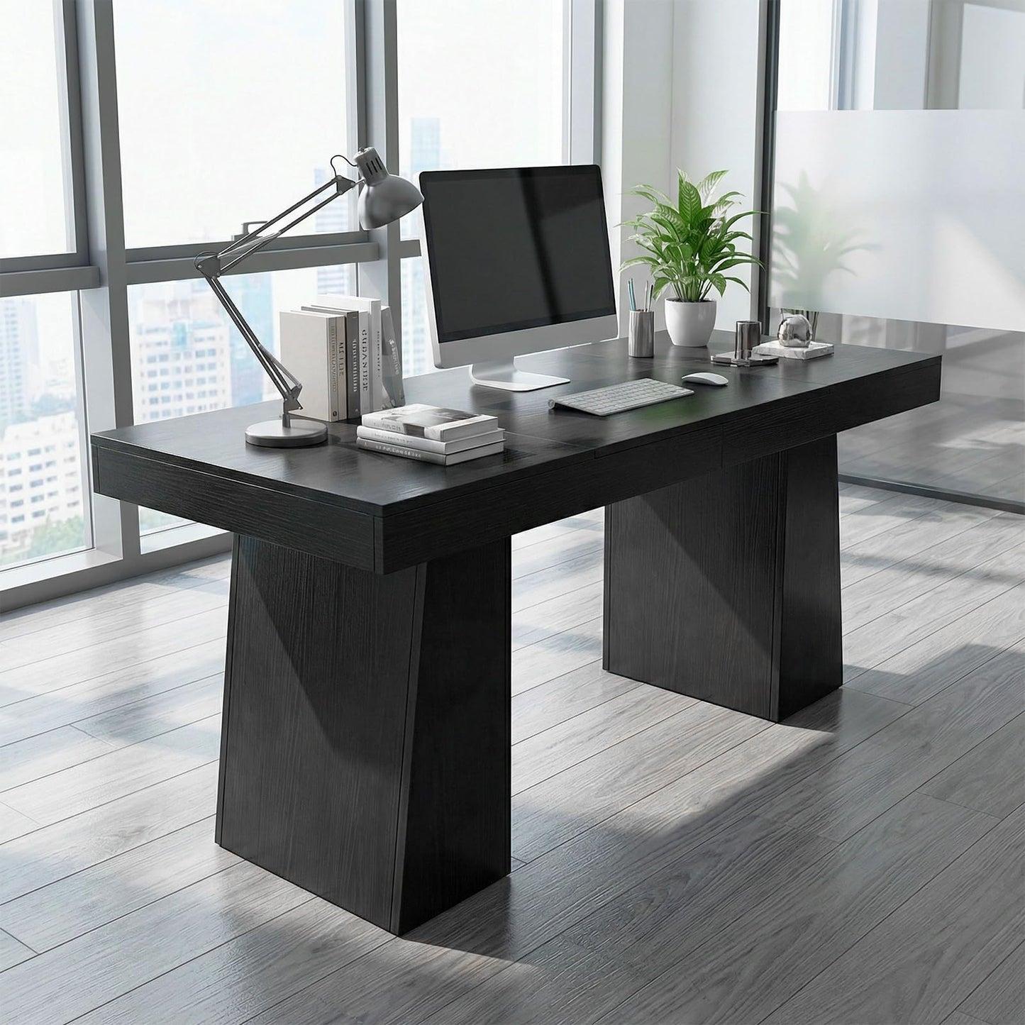 Garvee 55" Executive Desk, Mid-Century Modern Home Office Desks with Double Trapezoid Base, Wood Computer Desk Business Furniture Workstation Writing Table Conference Table, Black