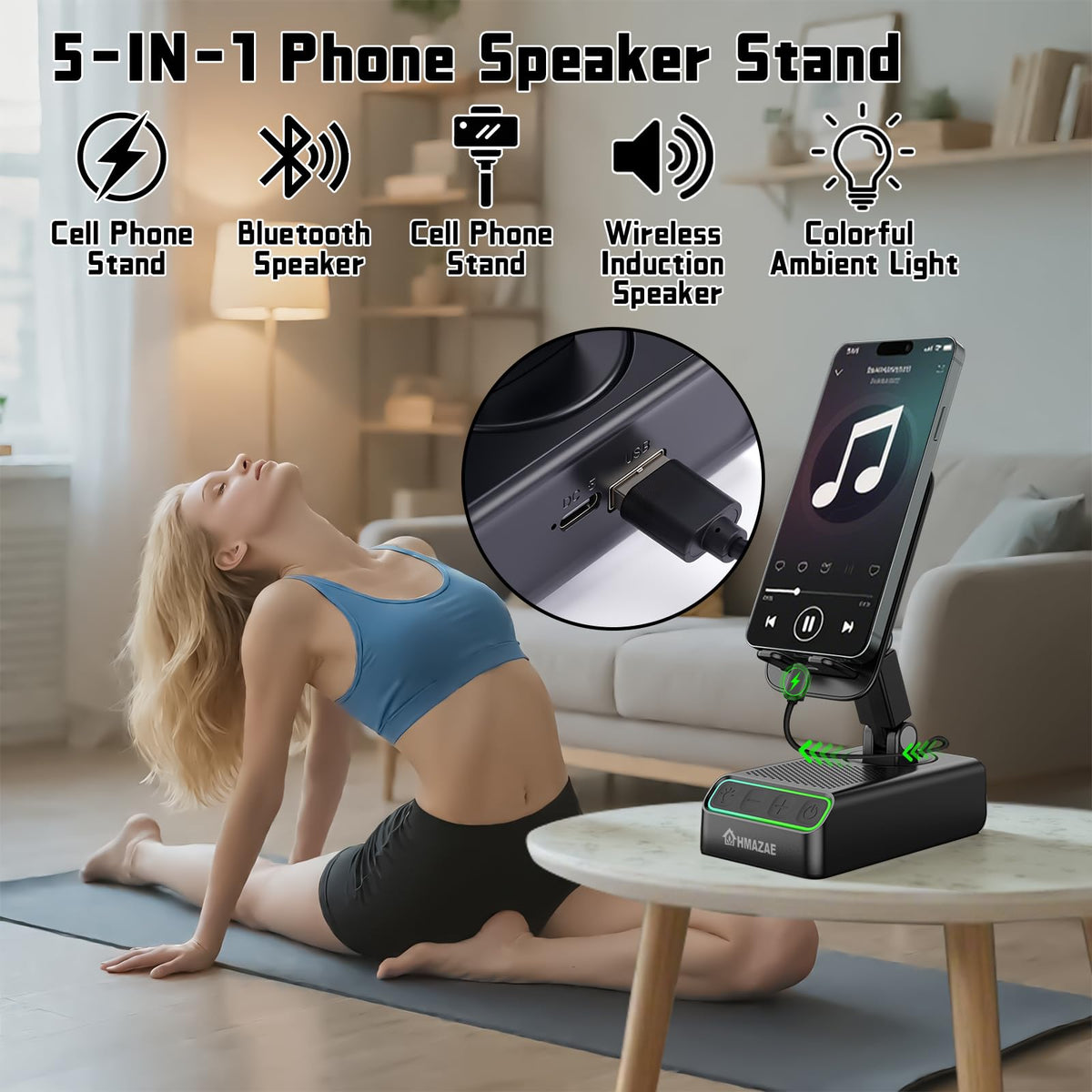 HMAZAE Cell Phone Stand with Wireless Bluetooth Speaker, Wireless Induction Audio, Emergency Rechargeable Portable Speaker Cellphone Stand with Colorful Ambient Light, Ideal Gifts for Men and Women