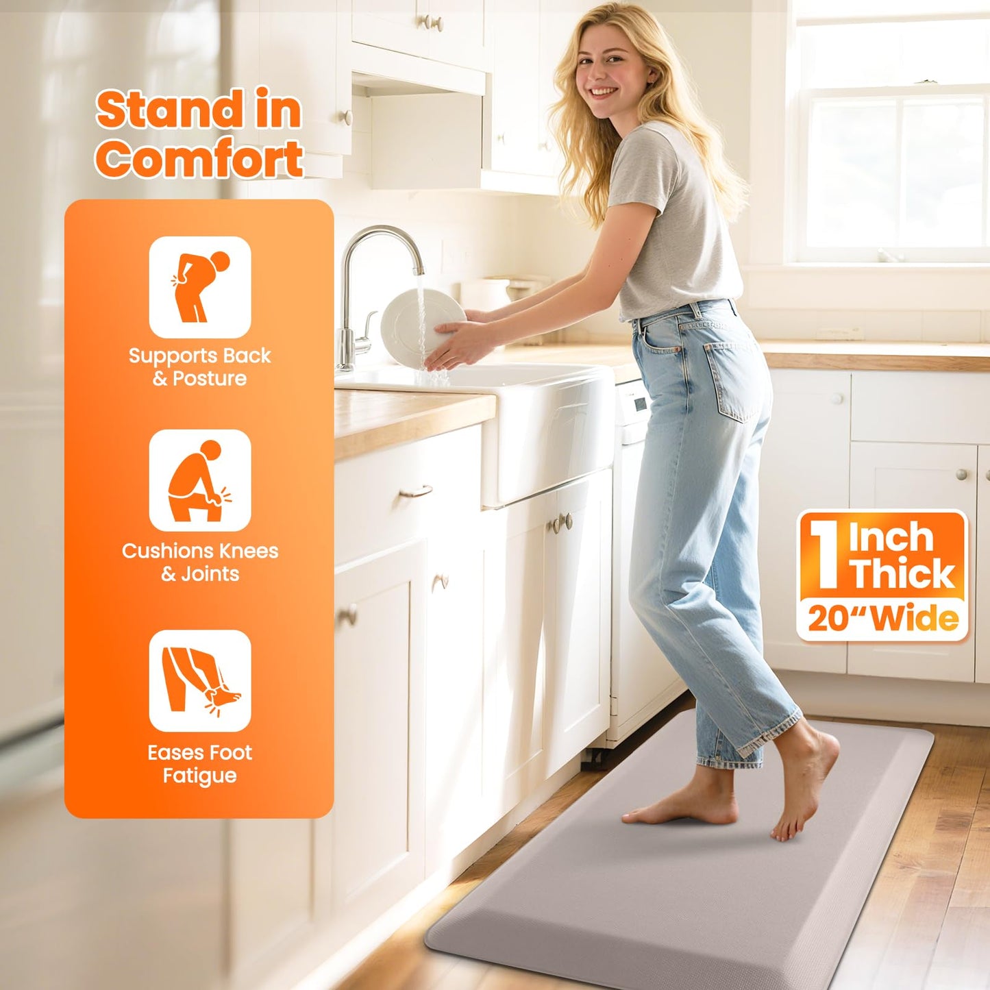 TranquilMoments Kitchen Mats for Floor, 1 Inch Extra-Thick Kitchen Rugs, Non-Slip & Waterproof Standing Desk Mat, Comfort Anti Fatigue Mats for Kitchen Floor, Home, Sink, Office (20" X 32", Khaki)