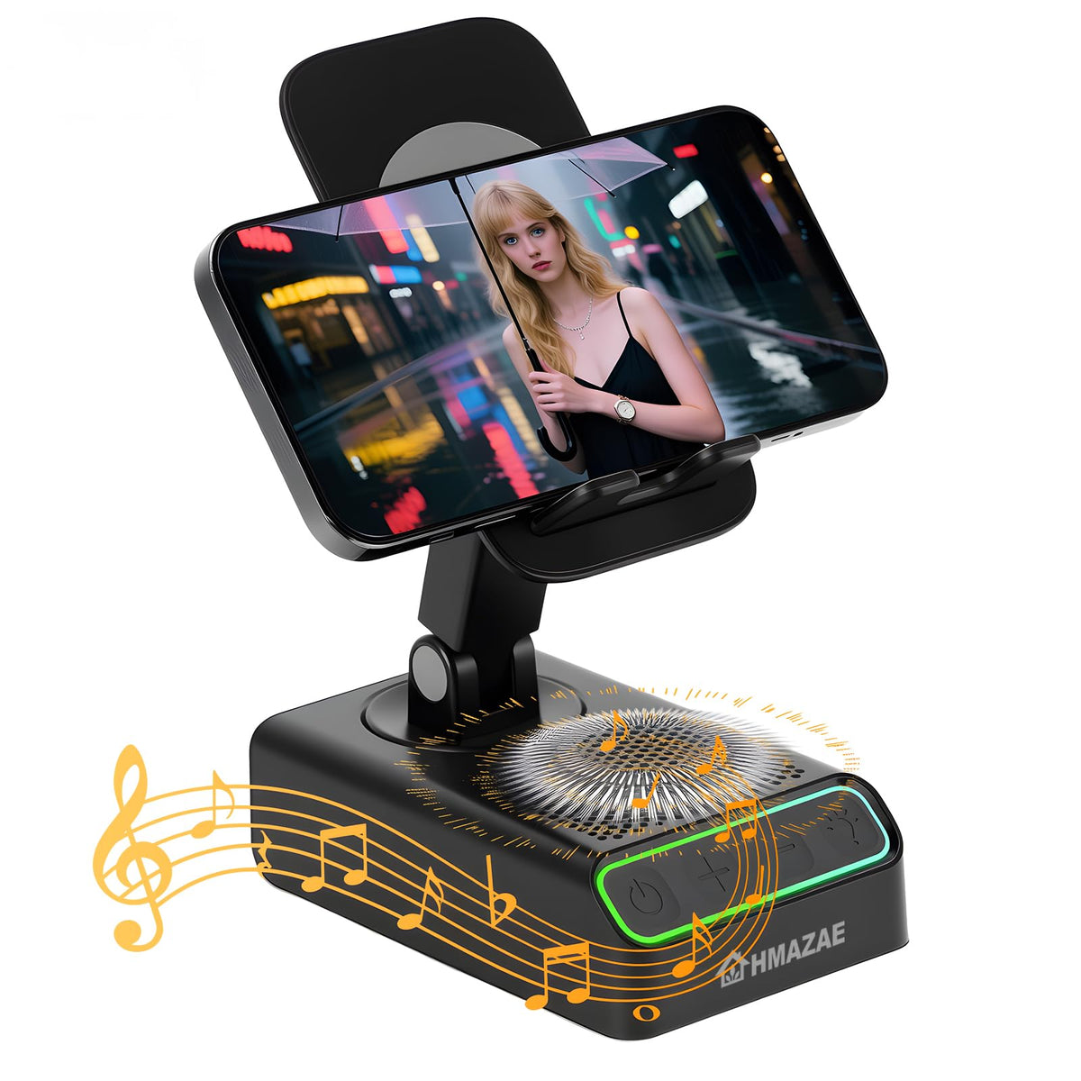 HMAZAE Cell Phone Stand with Wireless Bluetooth Speaker, Wireless Induction Audio, Emergency Rechargeable Portable Speaker Cellphone Stand with Colorful Ambient Light, Ideal Gifts for Men and Women