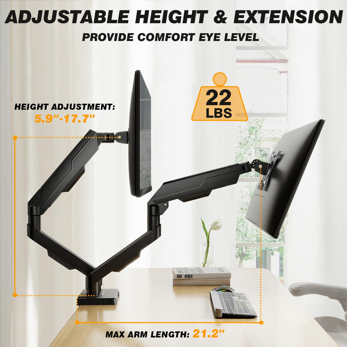 5Rcom Dual Monitor Stand for 17-34 inch Computer Screens, Full Motion Monitor Dual Monitor Arms, Dual Monitor Arms Hold up to 22lbs, Gas Spring Monitor Stand, 75/100mm VESA Mount