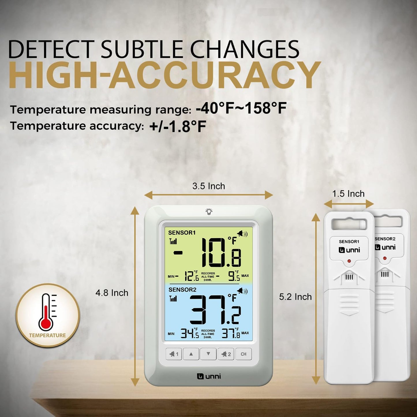 U UNNI Refrigerator Thermometer with Alarm, Digital Wireless Fridge and Freezer Thermometer, Max Min Temperature Records with Magnetic & Stand Options for Home Restaurant