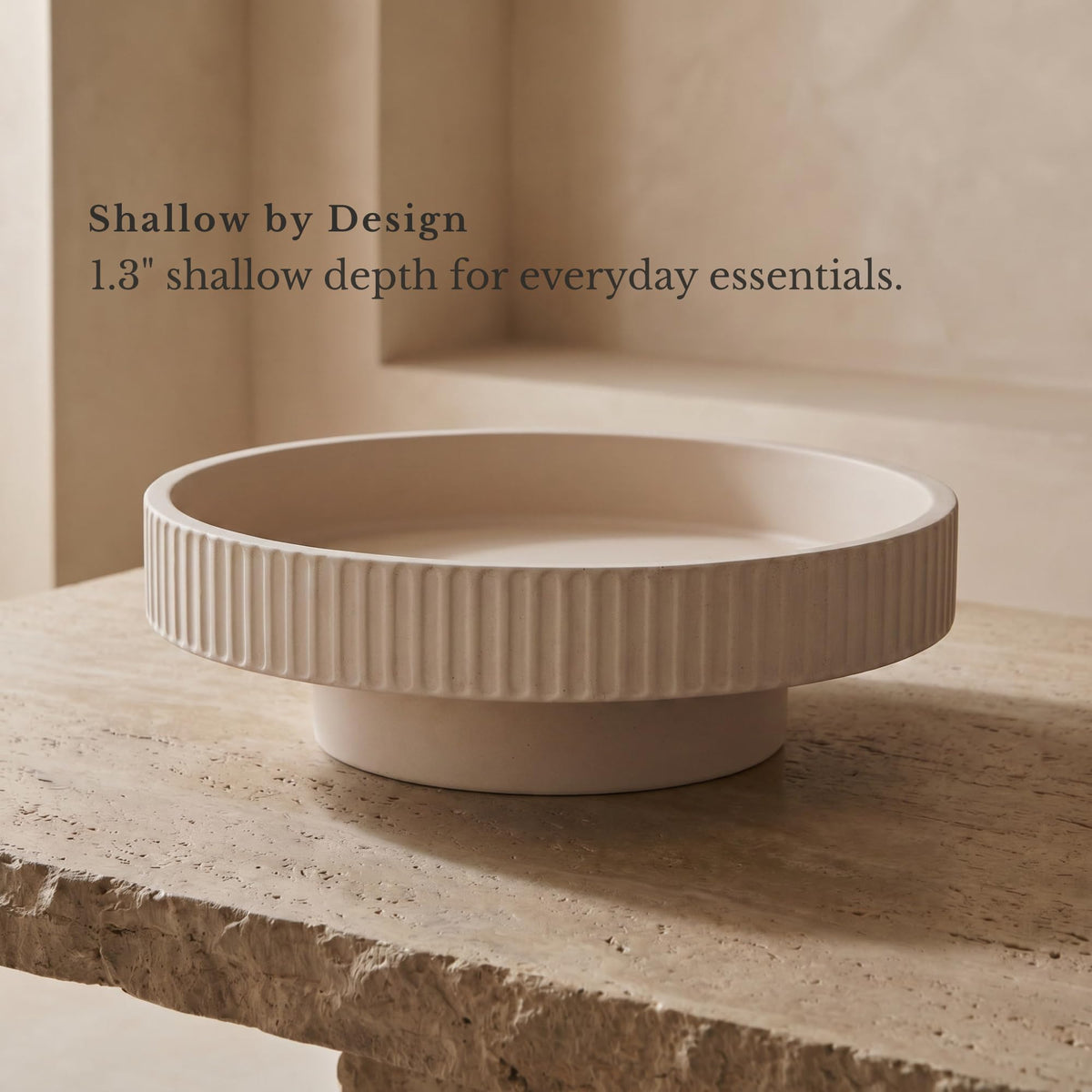 JUPTR Concrete Fruit Bowl (12") – Shallow Fluted Pedestal Decorative Centerpiece Bowl for Table, Entryway Catch-All & Modern Home Decor – Heavyweight Stone Bowl (Beige)