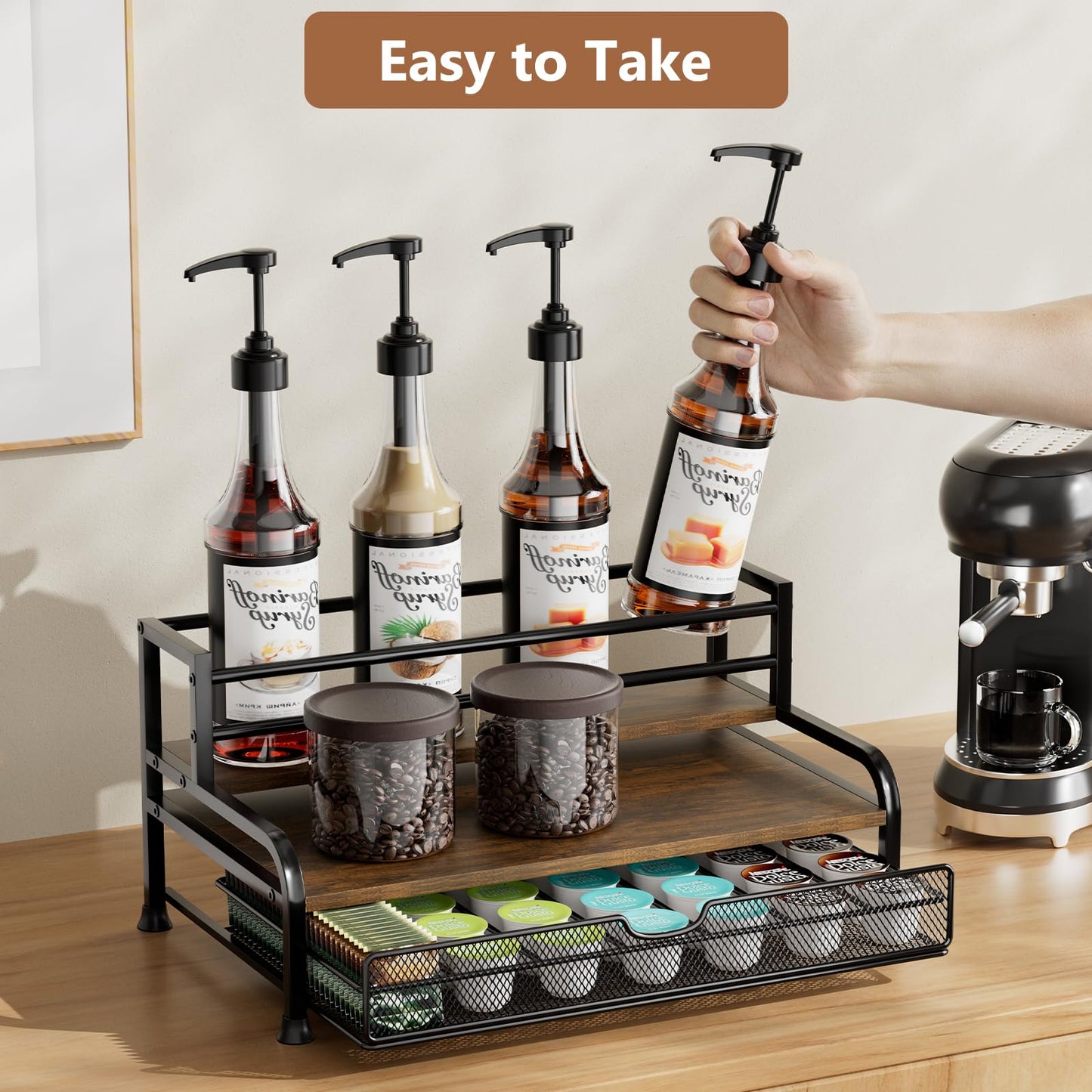 PONEYA Coffee Syrup Rack Organizer, 3-Tier 8 Bottles Syrup Rack with 35 K Cup Storage Basket for Coffee Bar, Countertop Bottle Holder Stand for Wine, Dressing for Kitchen Cafe Station
