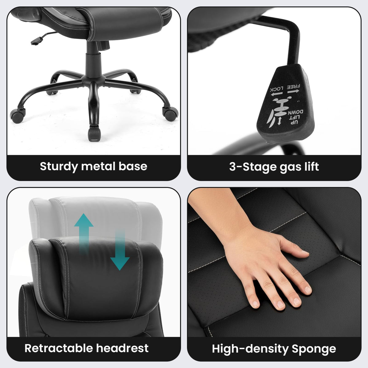 Big and Tall Executive Office Chair 400lbs for Heavy People, Ergonomic Computer Desk Chair with Lumbar Support & Adjustable Headrest, Comfy High Back Leather Office Chairs for Back Pain Relief, Grey