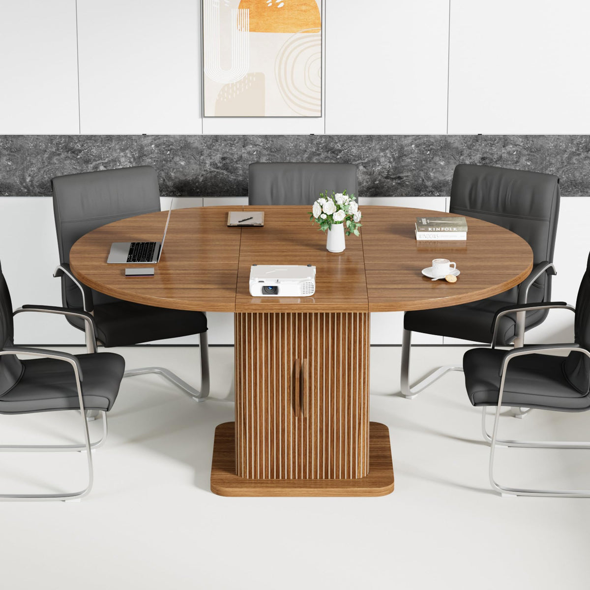 Extendable Round Conference Table for 4-8 People, 43in-59in Modern Oval Meeting Room Table with Storage, Fluted Wood Slide Doors, Small Compact, Office, Training, Conference Room, Walnut