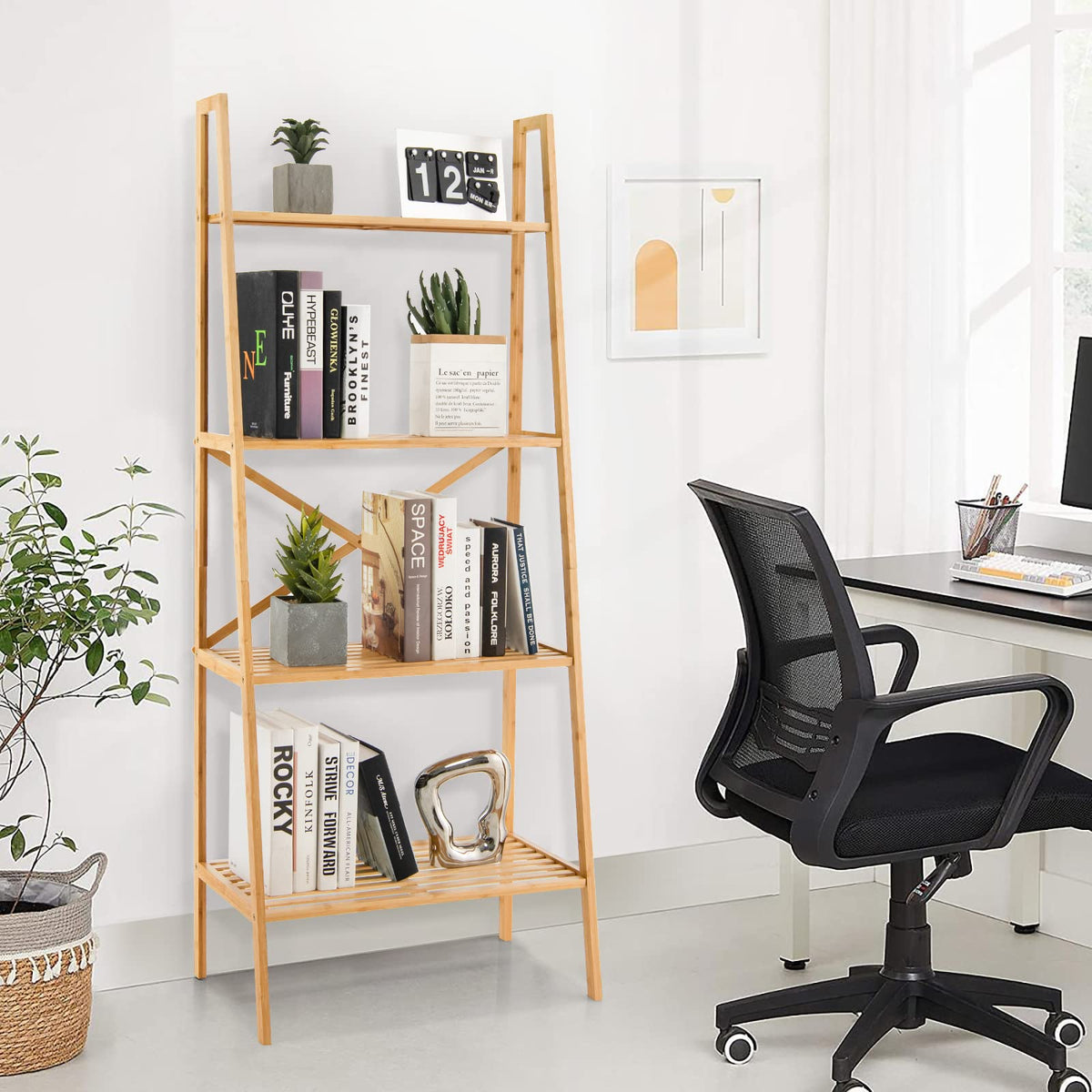 Giantex 4-Tier Bamboo Bookshelf, Multifunctional Storage Display Rack Shelves with Anti-Tipping Device, Natural Bamboo Ladder Shelf for Home Office Kitchen Bathroom