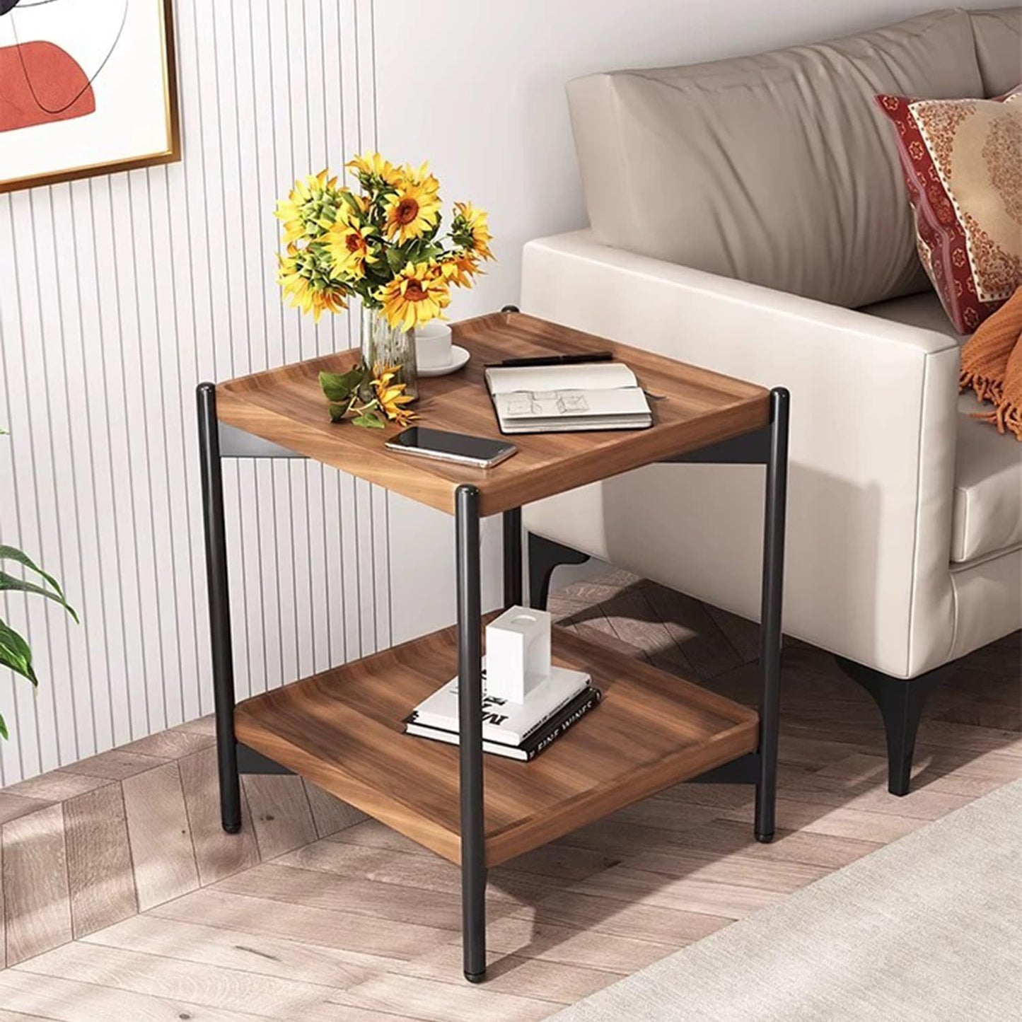 GTIWROTN 2 Tier Side Table, Small Square End Table with Sturdy Metal Legs, 20 inch Nightstand for Living Room, Bedroom, Office and Small Spaces (Walnut)