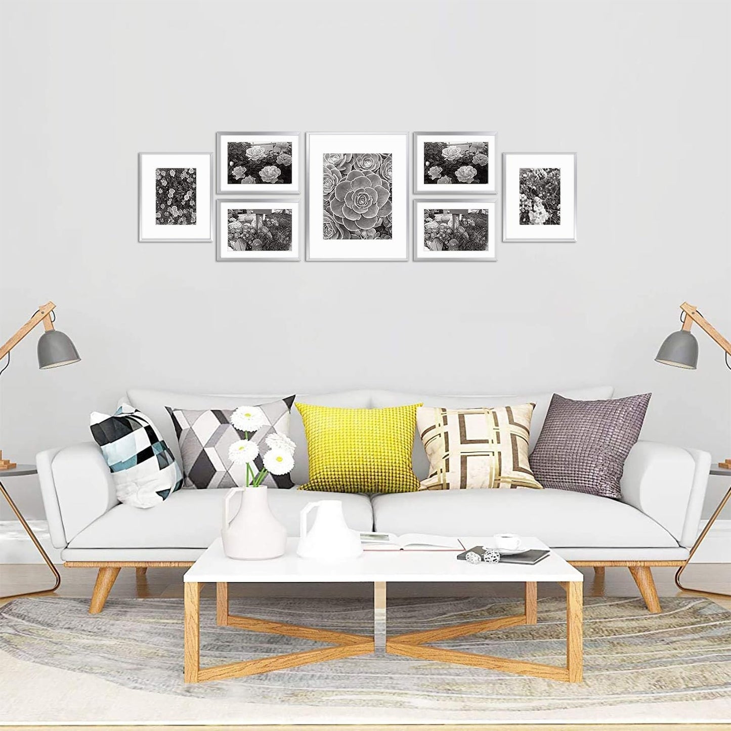 Golden State Art, Aluminum Gallery Wall Frame Set of 7 - Includes One 11x14, Two 8x10, and Four 5x7 - Metal Frames with Mat & Real Glass Cover for Elegant Home or Office Decor (Style 2, Silver)