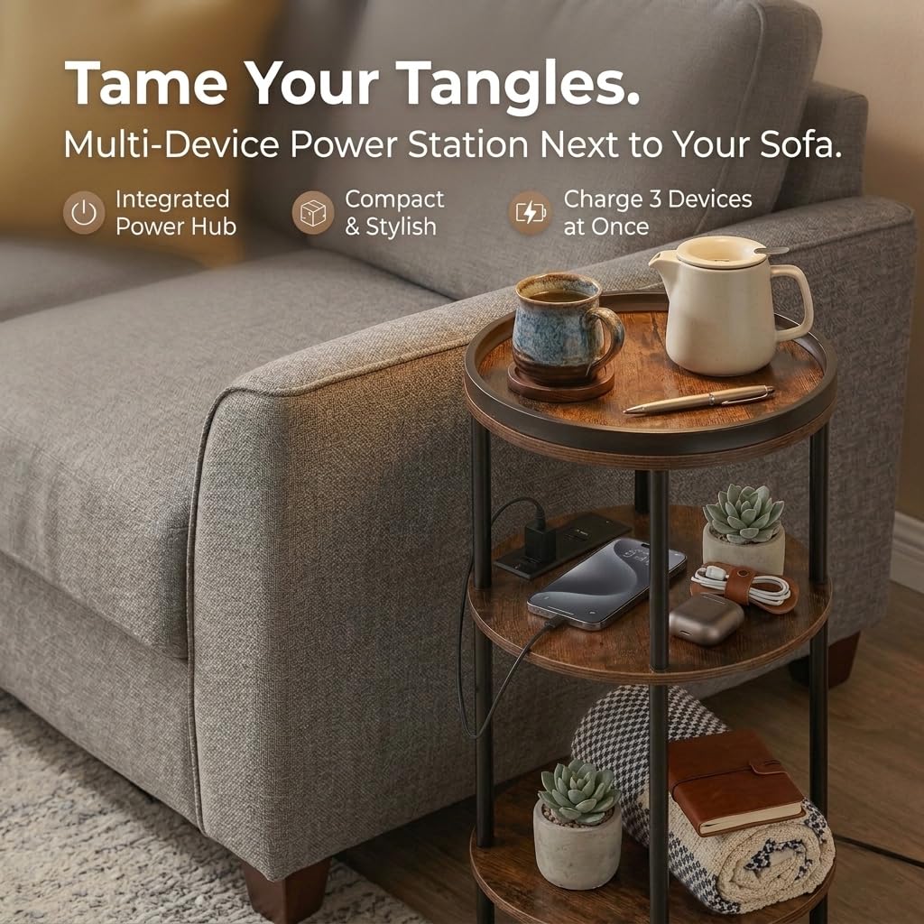 Small Round Side Table with Charging Station for Small Spaces, 3-Tier Round Accent Table with USB Ports & Power Outlets, Corner Table Sofa End Table for Living Room Bedroom (USB Charger, Rustic Brown)
