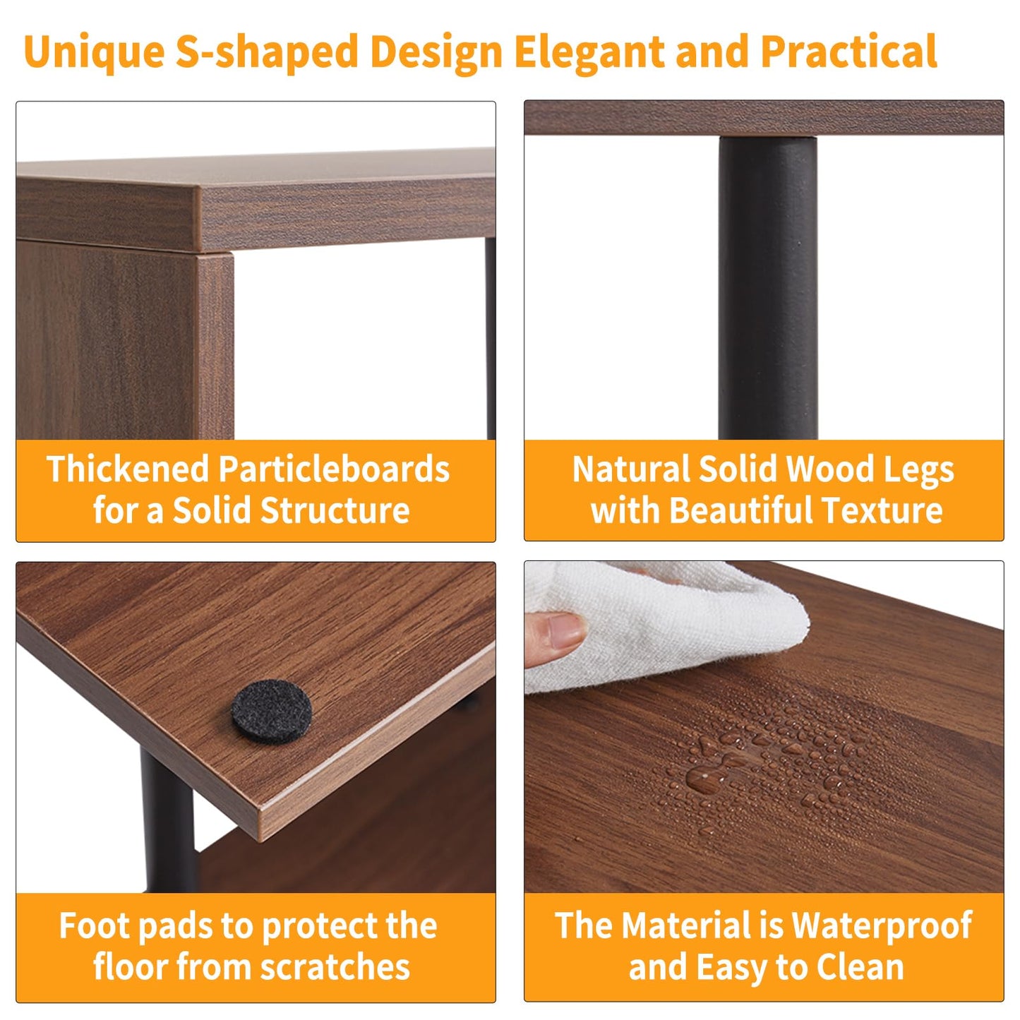 Aibiju S-Shaped Side Table, 3-Tier End Table with Open Storage Shelves, Non-Slip Feet, Modern Style Nightstand, Narrow Side Table for Small Space Living Room Bedroom Light Walnut YD-ST003LW
