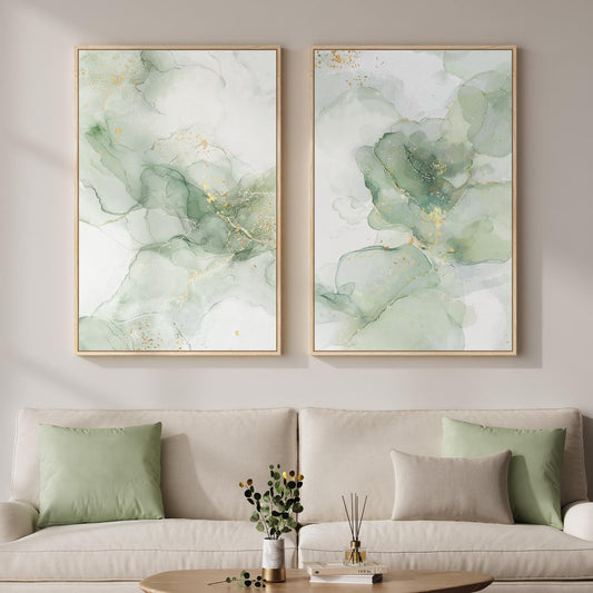 Framed Sage Green Abstract Wall Art for Living Room, Large Set of 2 Green Gold Canvas Artwork for Walls, Minimalist Modern Paintings Print Wall Decor for Bedroom Dining Room Office Hallway, 24x36 Inch