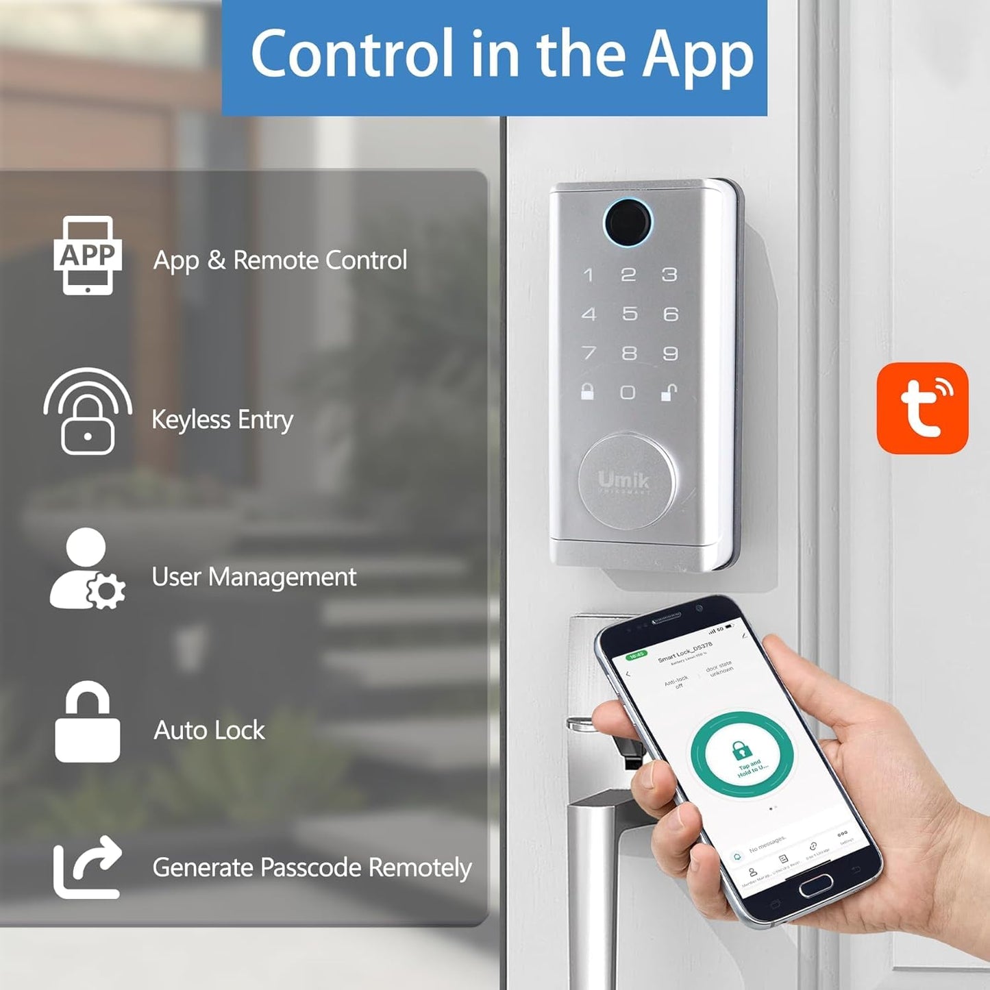 UMIKSMART Smart Door Lock with Handle 7 in 1 Keyless Entry Fingerprint Door Lock with Keypad IC Card Physical Key Tuya App Bluetooth Auto-Lock IP65 Waterproof for US Wooden Doors Matte Silver