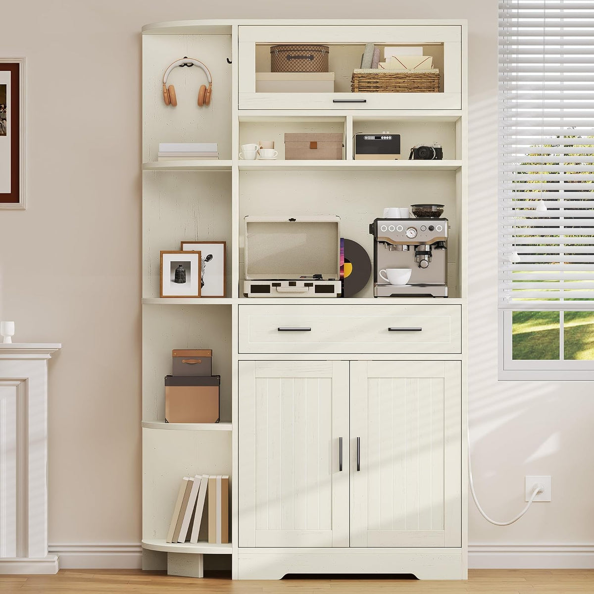 YITAHOME Kitchen Pantry Storage Cabinet, 67" Tall Kitchen Hutch with Outlet & Door & Shelves & Drawer, Farmhouse Wooden Microwave Stand Buffet Coffee Bar for Home Living Dining Room, Off-White