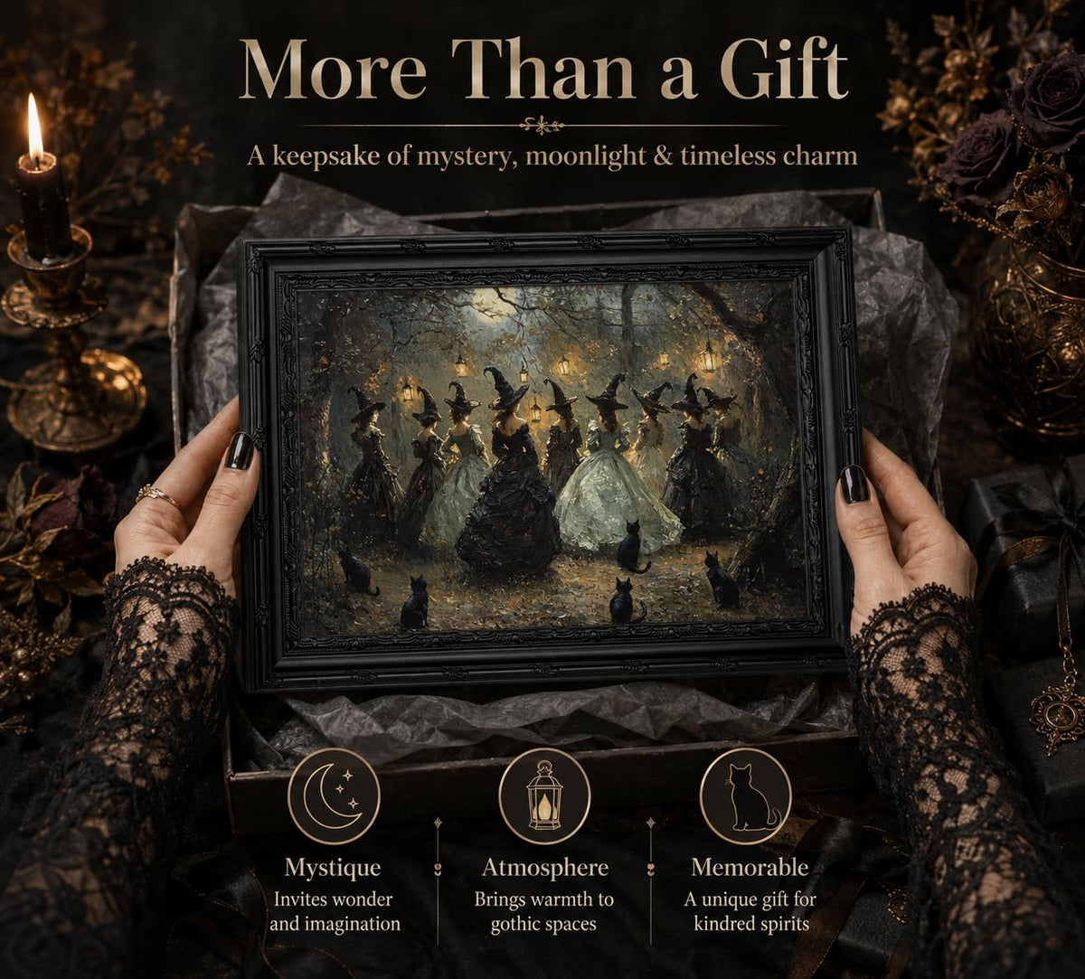 Framed Halloween Witch Wall Art, Moonlit Forest Witch Gathering Painting, Dark Academia Witchy Canvas Print, Black Ornate Framed Artwork with Black Cats. Ready to hang, 9x11in