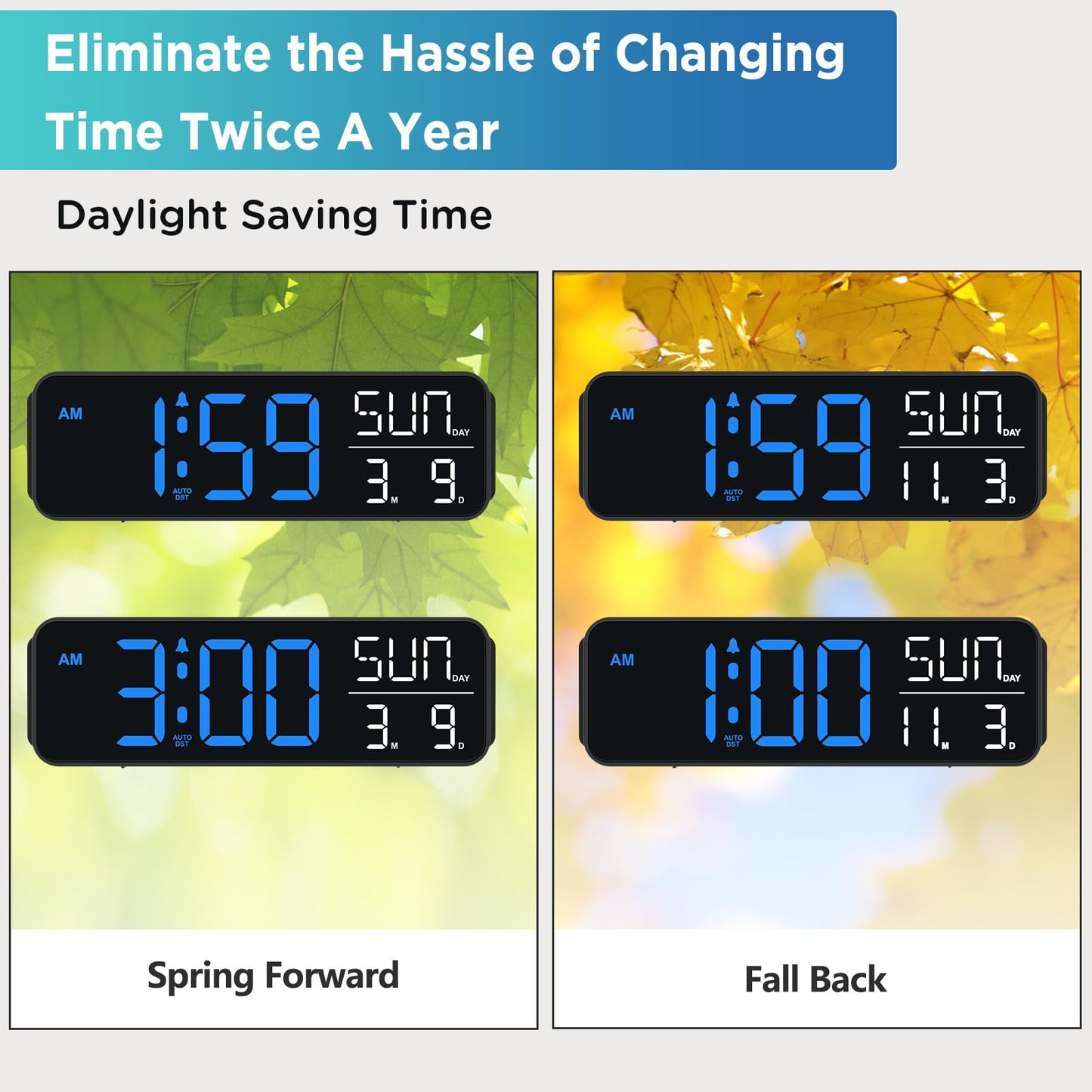 Peakeep Large Display Digital Alarm Clock for Bedrooms, Date Day of Week Calendar Desk Table Clocks for Living Room Office, Dimmable Plug in Electric Clock, 5 Volumes, Loud, Auto DST