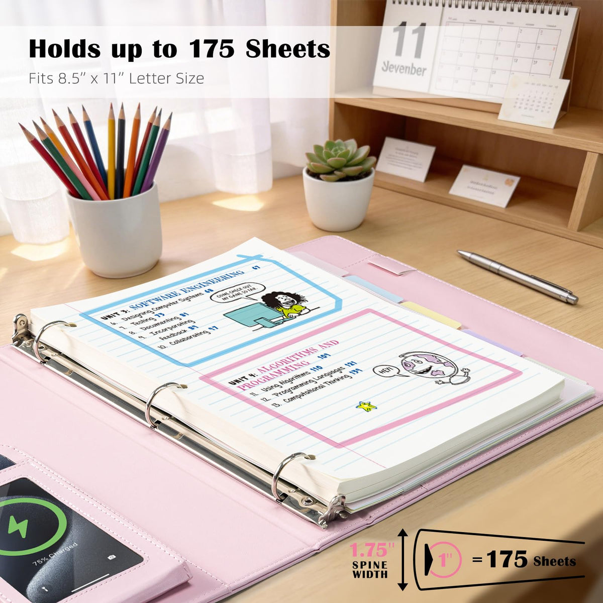 Ospelelf Pink Leather Binder with Magnetic Clipboard, 1 Inch Binders 3 Ring with Storage Zipper Pouch, Pocketed Dividers, Professional Clipboard Folder for School Office Nursing