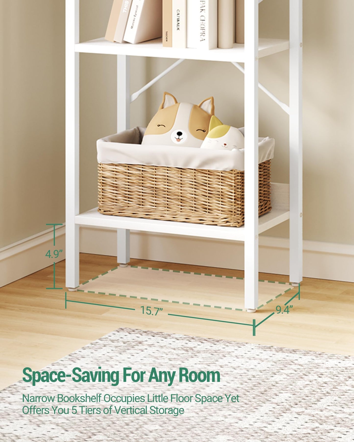 Hzuaneri Bookshelf, Book Shelf, Industrial Bookcase with 2 Hooks, Coner Shelf Storage Organizer for Home Office, Living Room, Bedroom, Kitchen, 5-Tier White BC10513W