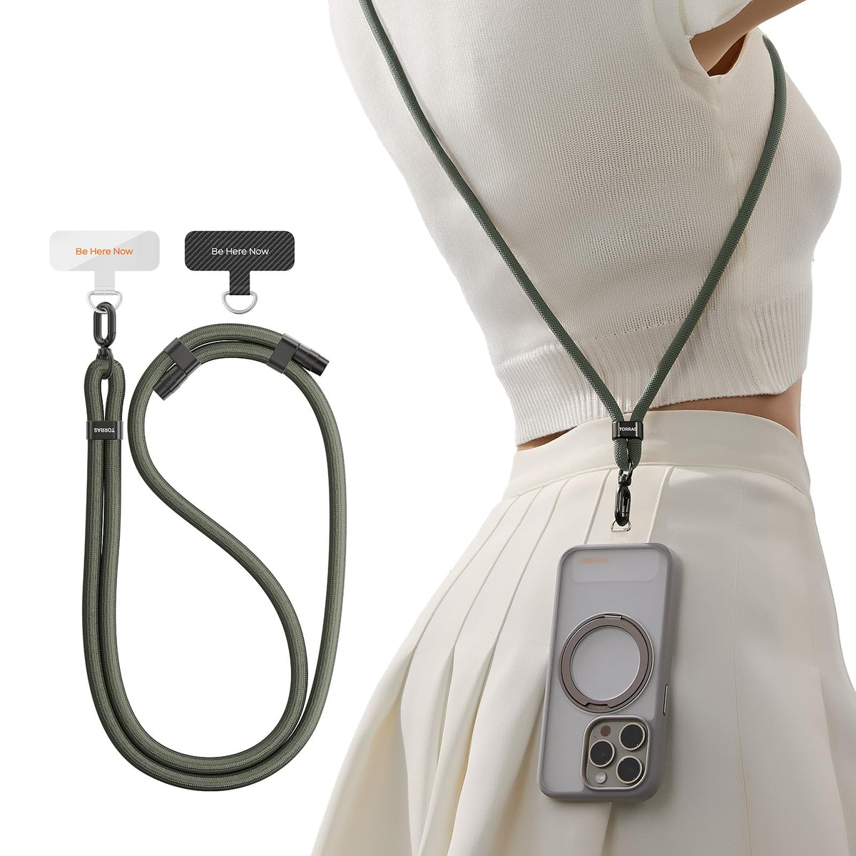 TORRAS Phone Lanyard Crossbody with 2 Phone Tabs, Adjustable Anti Theft Phone Strap for All Phones, Premium Metal Buckles, Skin-Friendly, Universal Phone Neck lanyard for Women and Men, Olive Green
