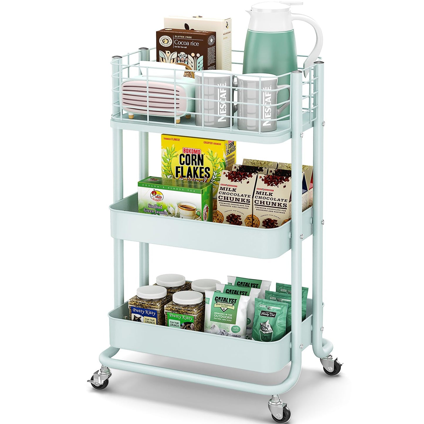 KINGRACK 3 Tier Rolling Cart, Metal Mobile Storage Shelf with Lockable Wheels, Prevent Falling Utility Trolley Cart, Storage Organizer for Kitchen, Office, Bathroom, Dorm, Green