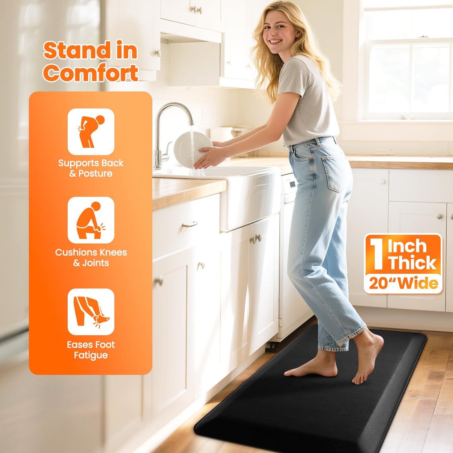 TranquilMoments Kitchen Mats for Floor, 1 Inch Extra-Thick Kitchen Rugs, Non-Slip & Waterproof Standing Desk Mat, Comfort Anti Fatigue Mats for Kitchen Floor, Home, Sink, Office (20" X 32", Black)