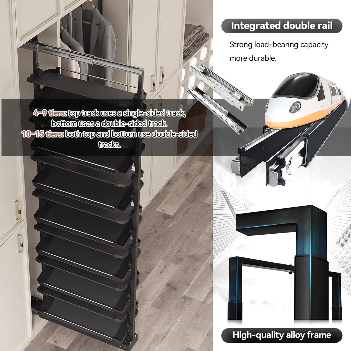 4-15 Tier Cabinet Pull Out Shoe Rack, Adjustable Vertical Shoe Organizer for Closet and Wardrobe Cabinet, Heavy Duty Slide Out Shoe Storage System, Under Stairs Storage, Fits Depth 17.7"-34.3"