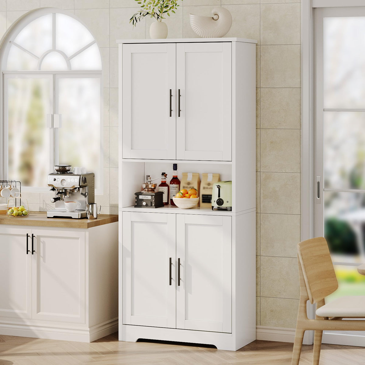 Garvee 70 Inch Tall Storage Cabinet, Kitchen Pantry Cabinet with Doors and Adjustable Shelves, Freestanding Wooden Classic Cupboard for Living Room, Dining Room, Bathroom, White