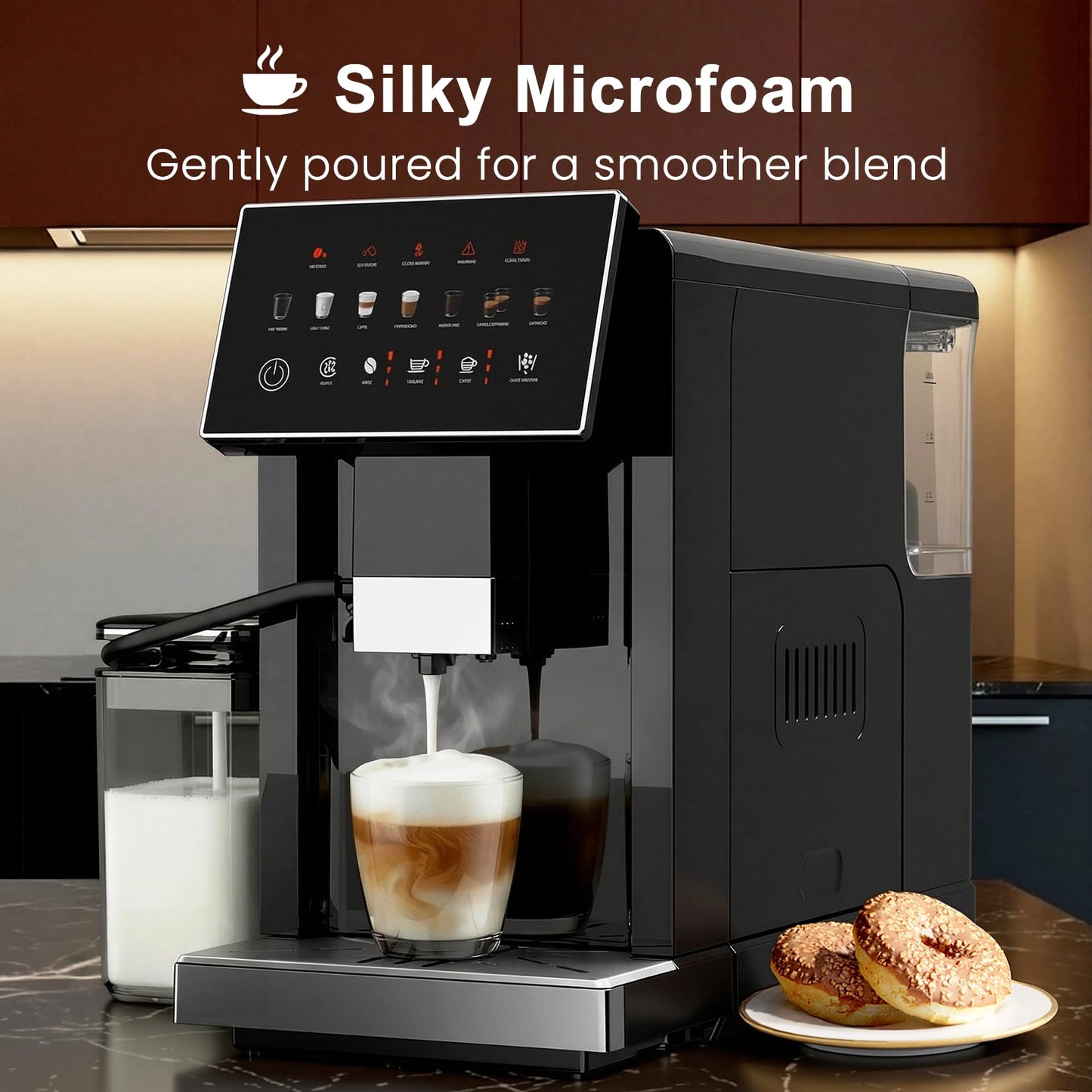 Kndko Fully Automatic Coffee Machine, 20 Bar Automatic Espresso Machine, Coffee Maker with Grinder for 15 Settings, Auto Self-Cleaning, Touch Control for Cappuccino & Latte, Removable Water Tank