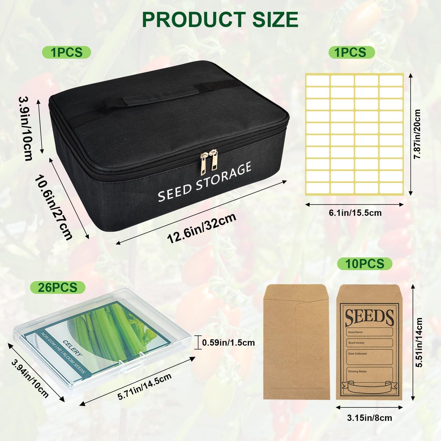 26 Slots Seed Storage Organizer Box with 10 Seed Envelopes, Oxford Cloth Seeds Storage Container with Insulated Bag, Garden Seed Packet Organizer with Label Stickers for Vegetable Flower Plants