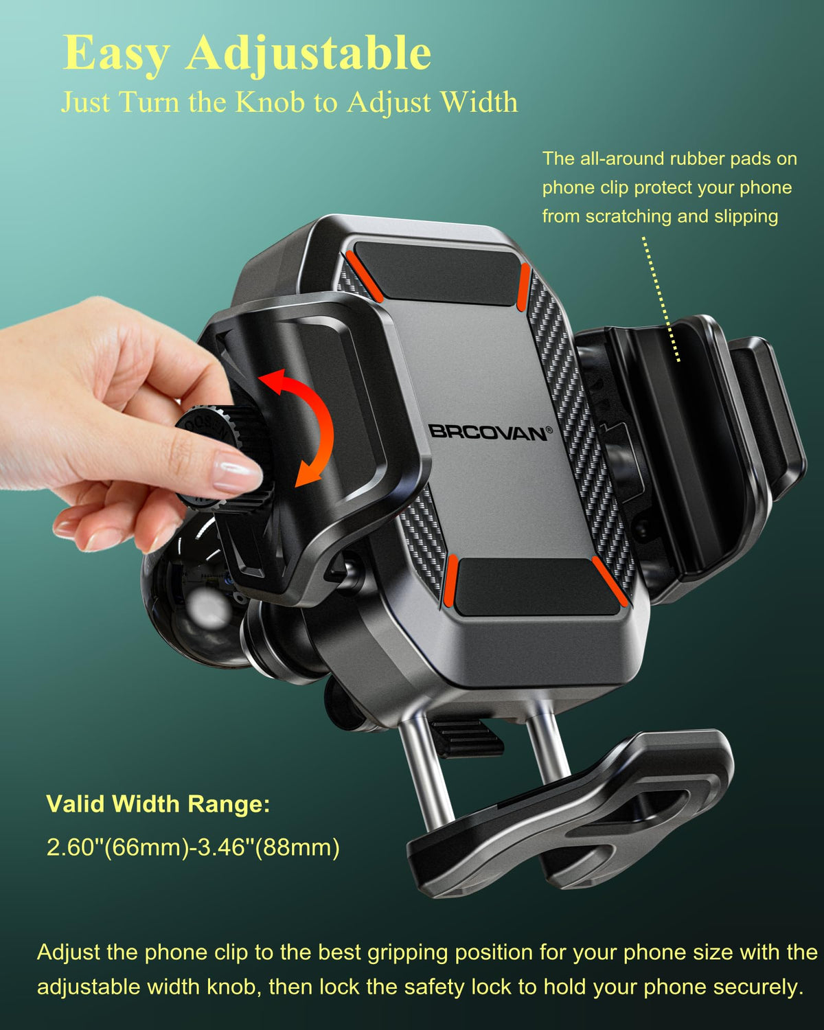 BRCOVAN Anti-Theft Motorcycle Phone Mount with Vibration Dampener, [1s Lock] [Camera Friendly] Handlebar Cellphone Holder for Bike Bicycle Scooter ATV, Adjustable Size Fit 5.4-7.2" Smartphone