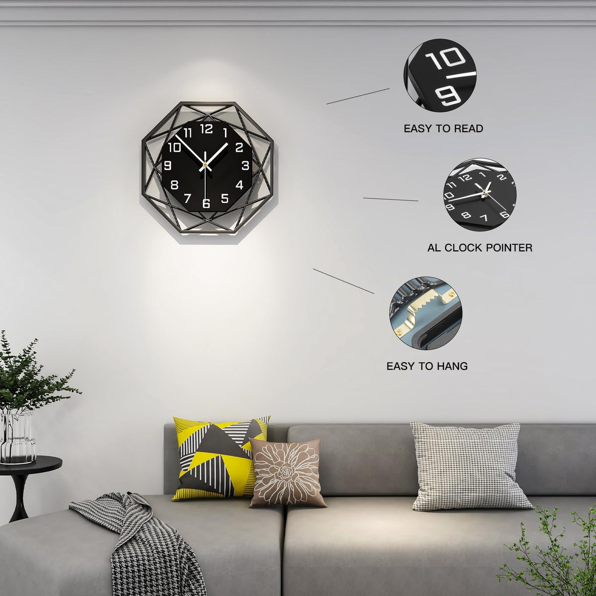YIJIDECOR Large Wall Clocks for Living Room Decor 16 inch Silent Modern Wall Clocks Wall Clock Battery Operated Non Ticking Black Wood Decorative Clock Wall for Kitchen Bedroom Office Classroom