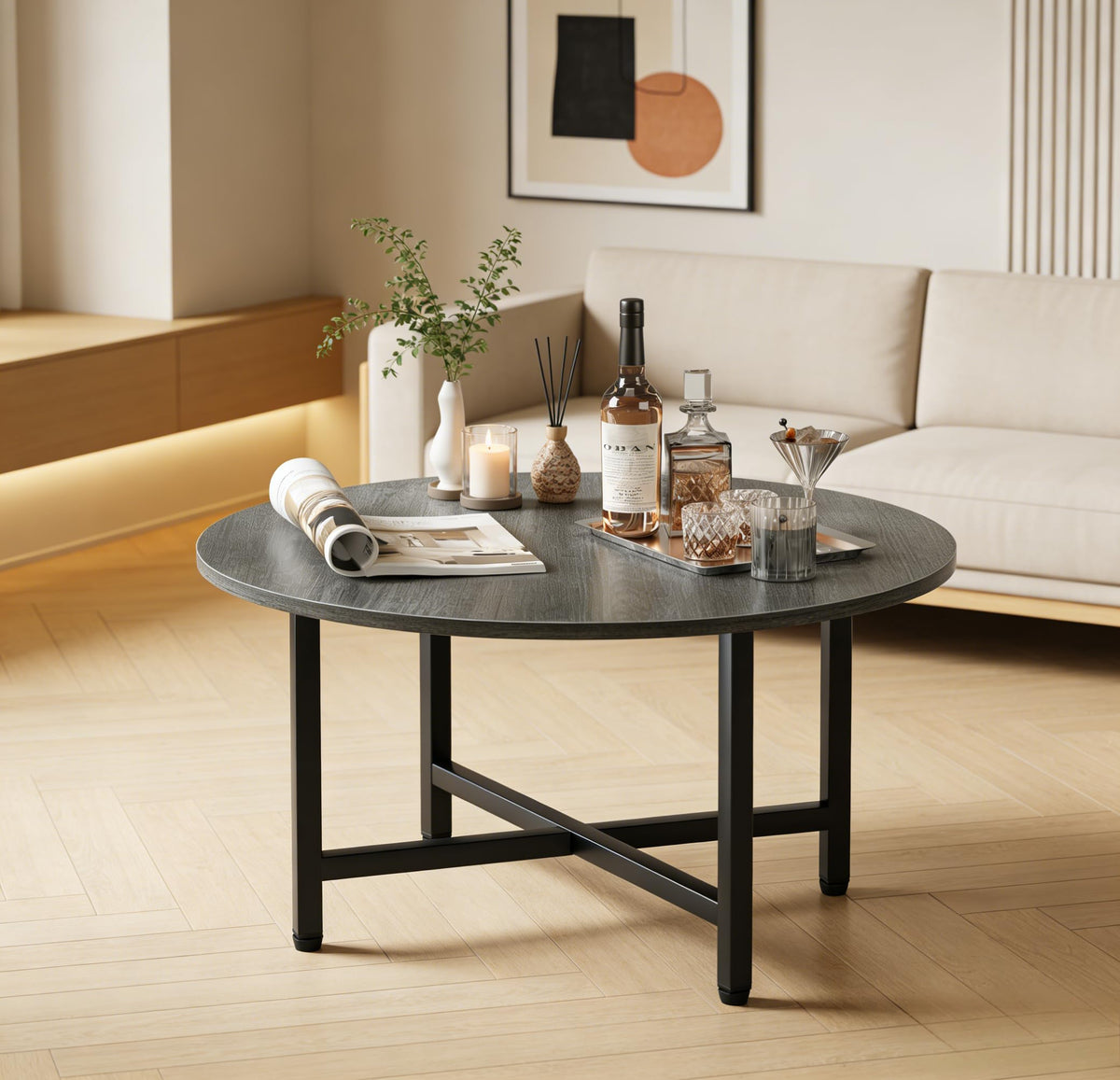 FAMIDGE Coffee Table, 23.6" Coffee Tables for Living Room, Round Coffee Table with Metal Frame, Floor Table for Sitting on The Floor, Home, Office, Elegant Gray