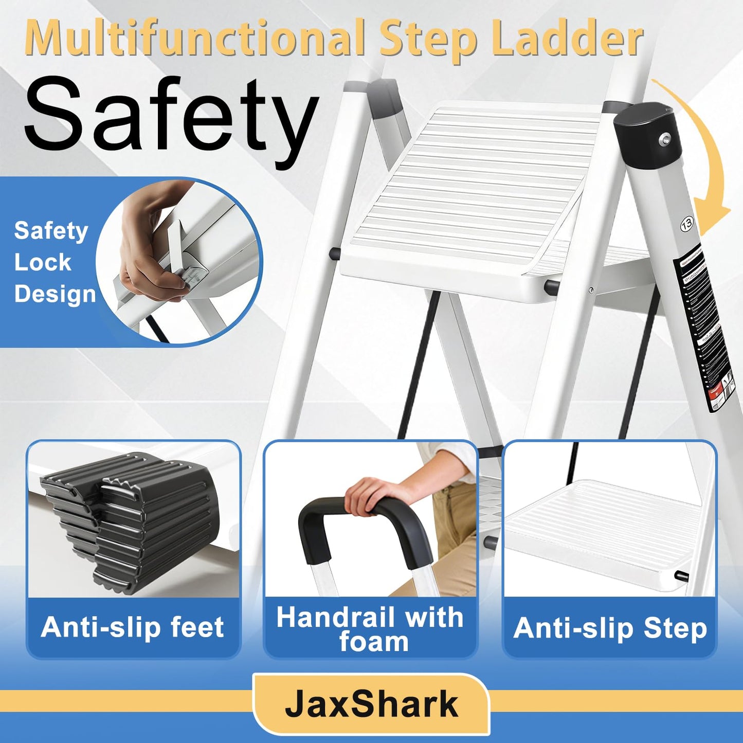 JaxShark 4 Step Ladder Folding Step Stool with Handrail 500LBS Capacity Sturdy Carbon Steel Frame Anti-Slip Pedal & Feet Portable for Home Kitchen Garage Bathroom (white-4step)