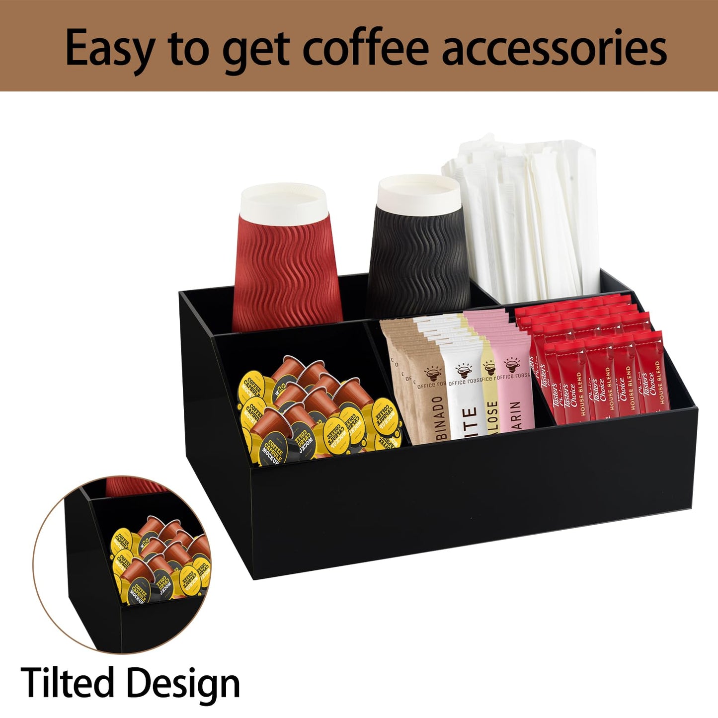Watpot Coffee Bar Station Organizer for Countertop, Acrylic Coffee Pods Sugar Packets Tea Bags Storage Basket for Countertop, Black