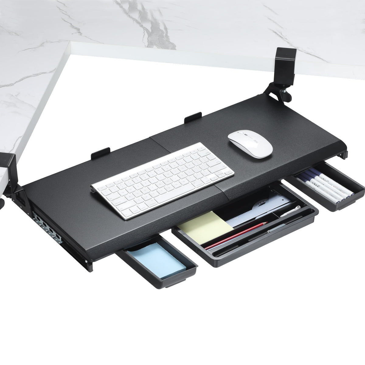 ETHU Keyboard Tray Under Desk, Ergonomic Corner Keyboard Tray with 180° Adjustable C Clamp for L Shape Desk 26.77" X 12.2" Easy to Install, Computer Keyboard Stand for Home and Office(Black)