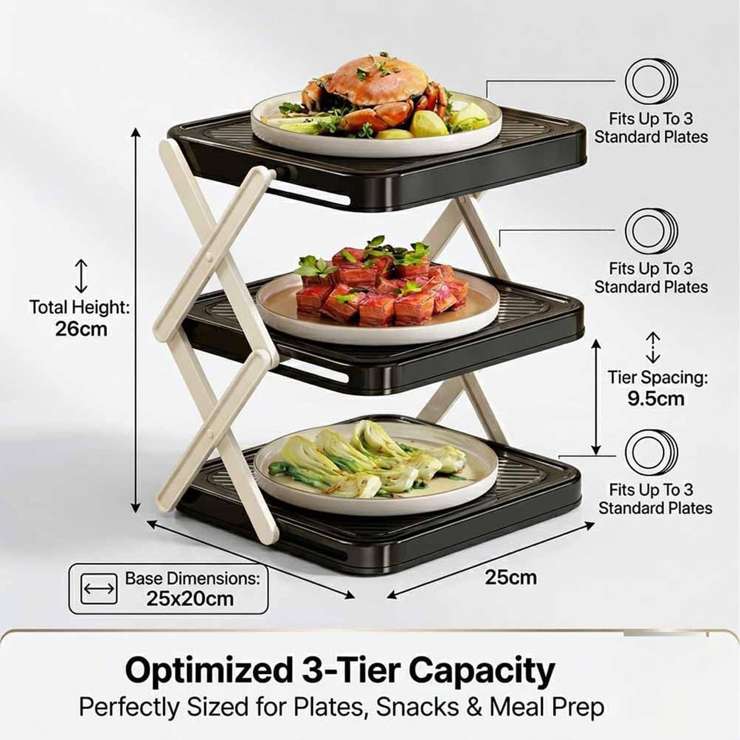 DFKSVCA Multi-Layer Dish & Prep Tray Storage Rack, Foldable 3-Tier Dish Rack with Removable Layers and Utensil Drying Holder, Compact Dish Organizer for Kitchen Counter, Parties and Picnics (Black)