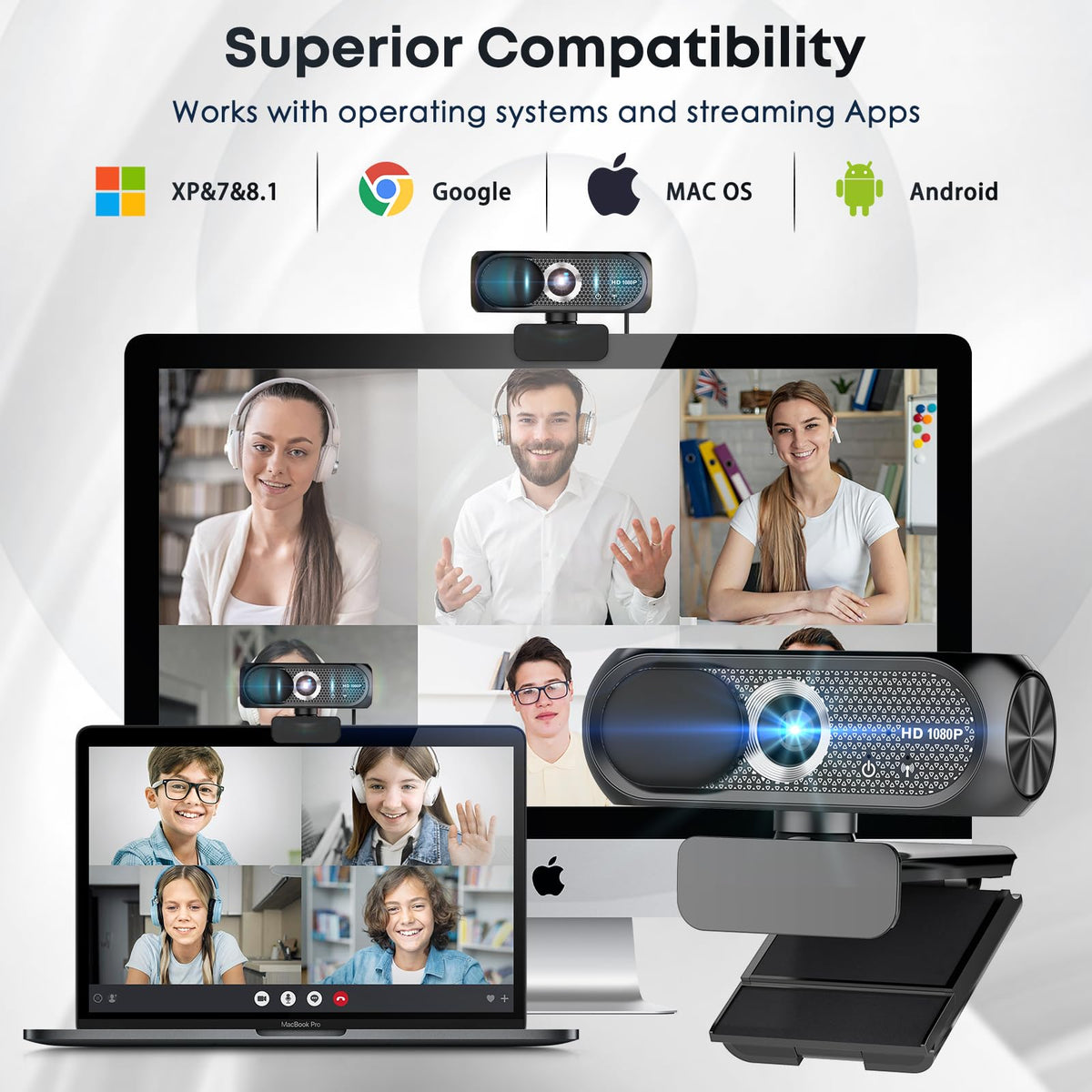 Shcngqio 1080P HD Webcam with Microphone, Noise Cancellation, Privacy Cover, Wide-Angle Lens, Auto Light Correction, Plug & Play USB Webcam for Laptop, Desktop, PC, Mac, Zoom, Skype, Streaming (Black)