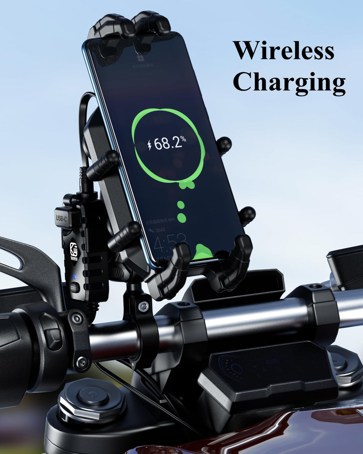 BRCOVAN Motorcycle Phone Mount Holder with Qi 15W Wireless Charger & 30W PD/USB-C Fast Charging Port, Anti-Theft Handlebar Cellphone Cradle with Vibration Dampener, Adjustable for 5.4-7.2'' Smartphone